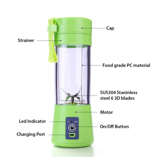Portable USB Rechargeable Blender – Personal Smoothie Juicer Cup with 6 Blades, 380ml, Green – Mini Fruit Mixer for Travel, Home, Office & Outdoors (Multicolor)