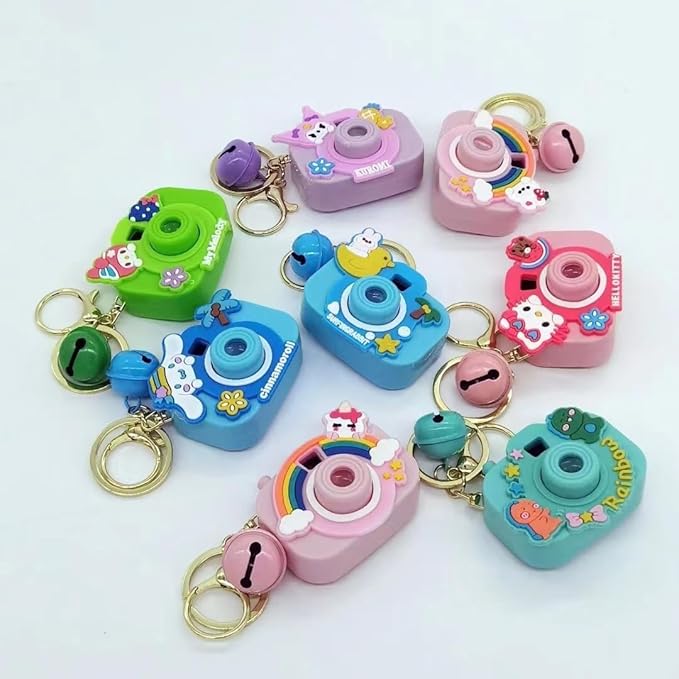 Cute Mini Projector Camera Toy with Bell for Kids and Girls, Style Multicolor Design, Light Projection Feature, Fun Cartoon Keychain for Bags, Pouches, Zippers & Gifting