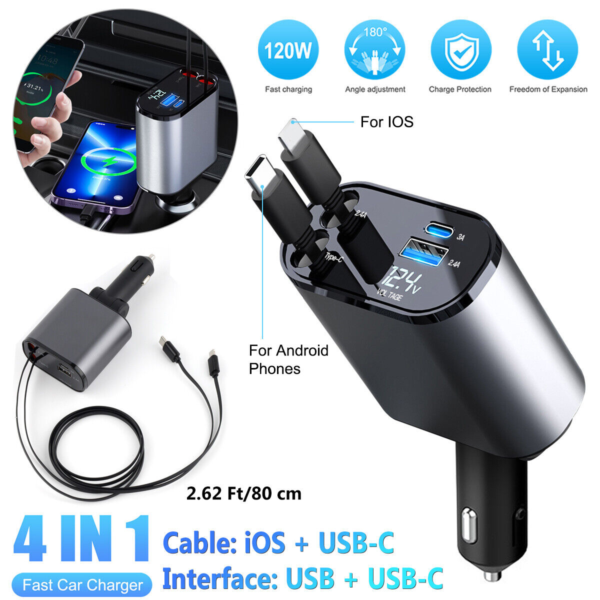 120 W Super Fast Charging Car Retractable Charger